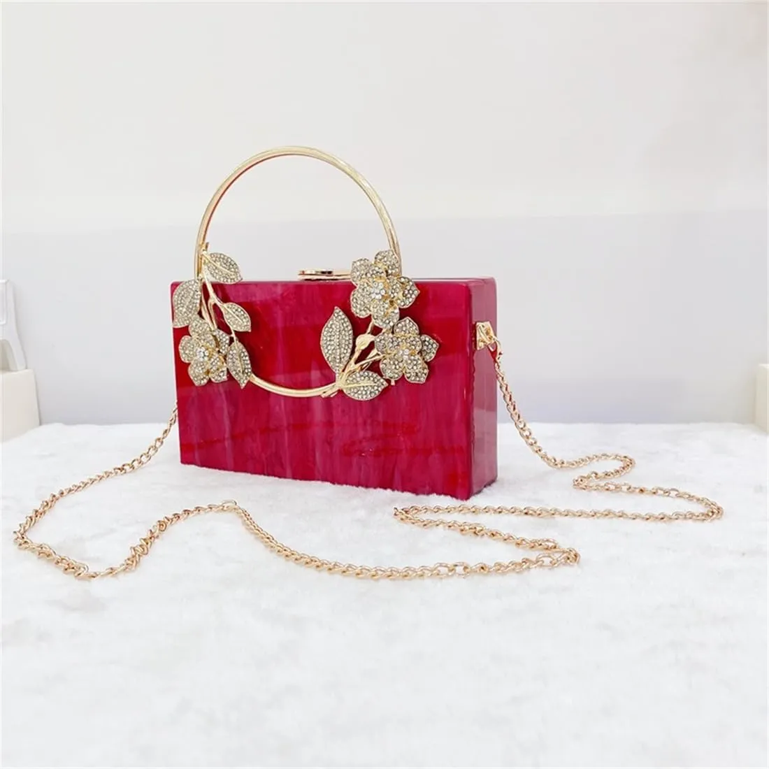 Women Acrylic Evening Clutch Marble Pattern Carved Circle Handle Handbag Square Box Bag for Evening Cocktail Prom