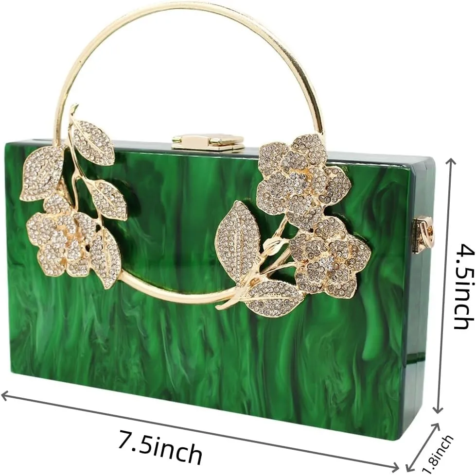 Women Acrylic Evening Clutch Marble Pattern Carved Circle Handle Handbag Square Box Bag for Evening Cocktail Prom