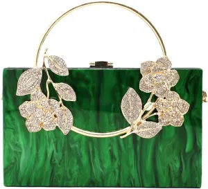 Women Acrylic Evening Clutch Marble Pattern Carved Circle Handle Handbag Square Box Bag for Evening Cocktail Prom
