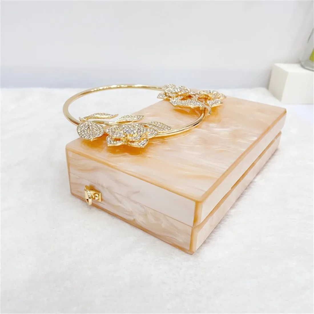 Women Acrylic Evening Clutch Marble Pattern Carved Circle Handle Handbag Square Box Bag for Evening Cocktail Prom
