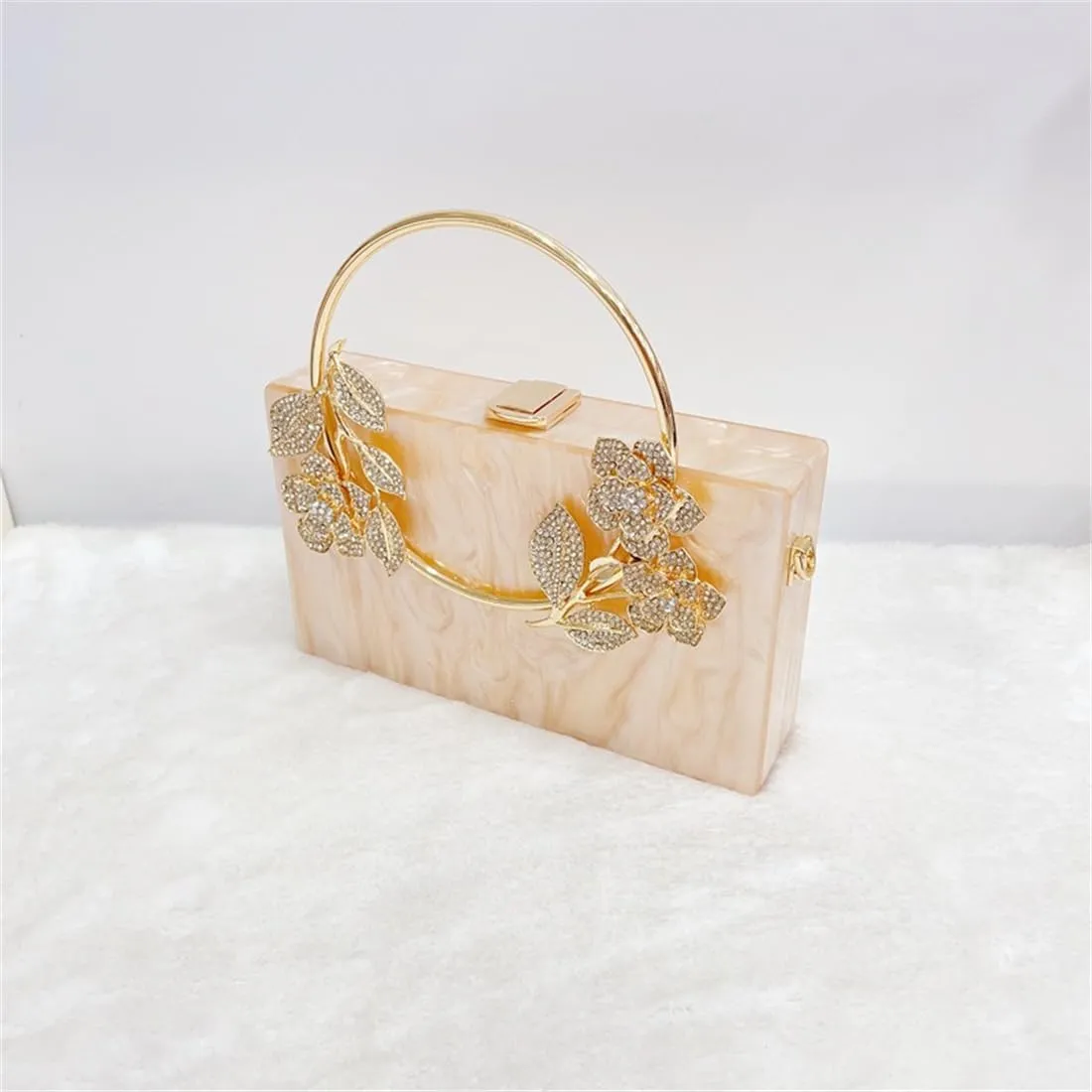 Women Acrylic Evening Clutch Marble Pattern Carved Circle Handle Handbag Square Box Bag for Evening Cocktail Prom