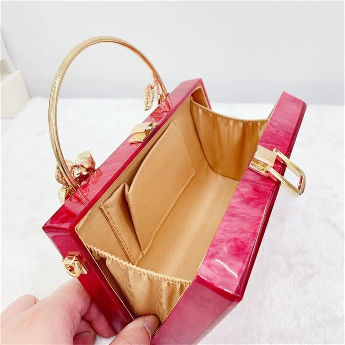 Women Acrylic Evening Clutch Marble Pattern Carved Circle Handle Handbag Square Box Bag for Evening Cocktail Prom