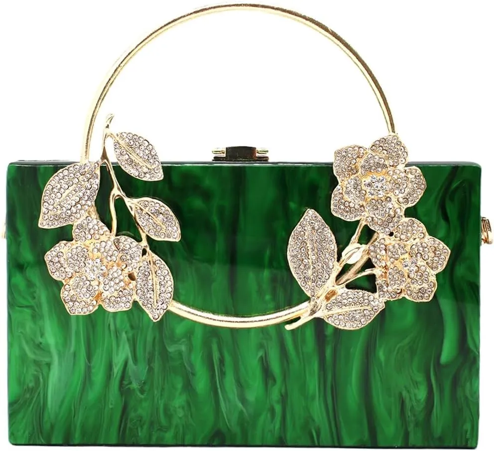 Women Acrylic Evening Clutch Marble Pattern Carved Circle Handle Handbag Square Box Bag for Evening Cocktail Prom
