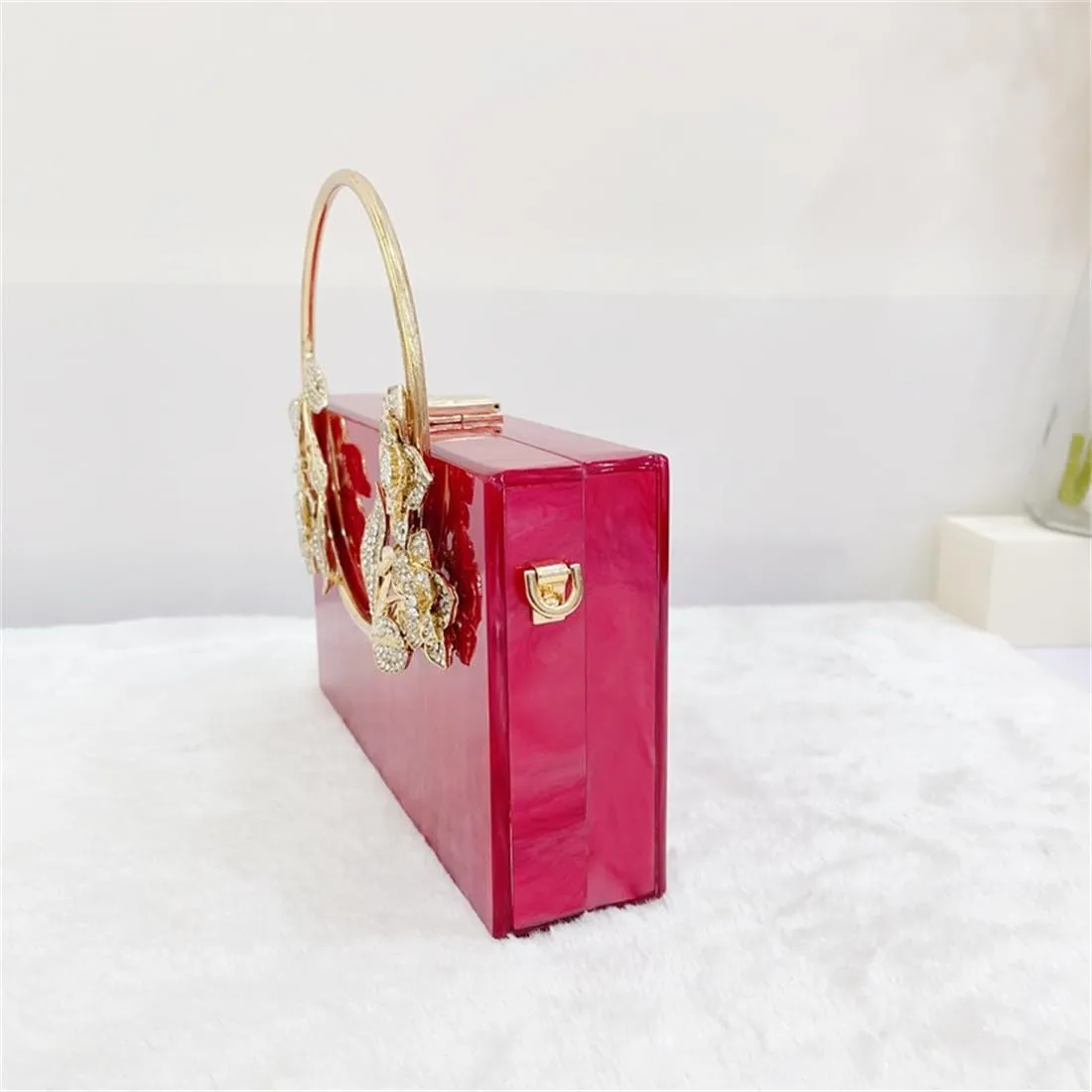 Women Acrylic Evening Clutch Marble Pattern Carved Circle Handle Handbag Square Box Bag for Evening Cocktail Prom