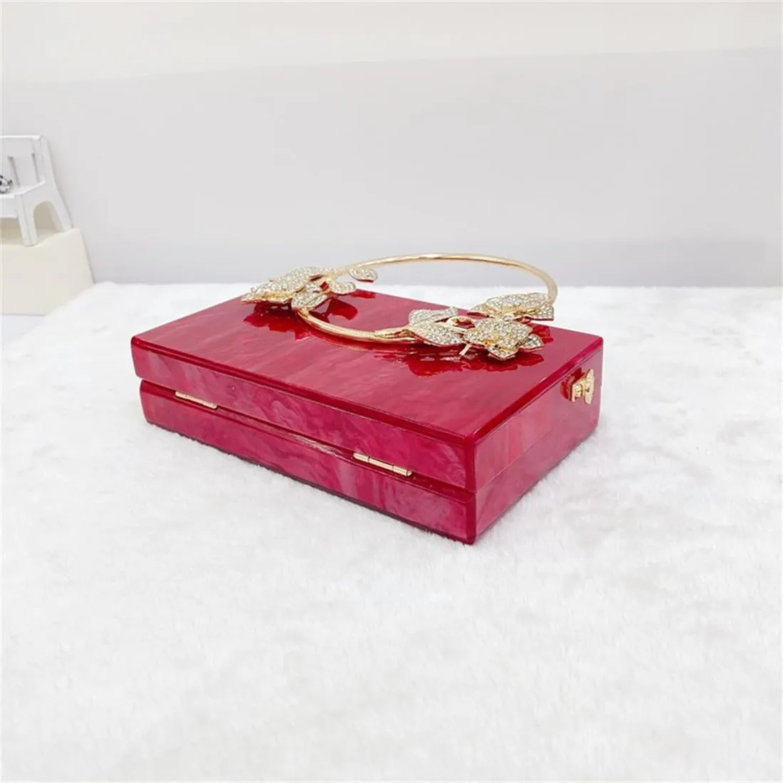 Women Acrylic Evening Clutch Marble Pattern Carved Circle Handle Handbag Square Box Bag for Evening Cocktail Prom