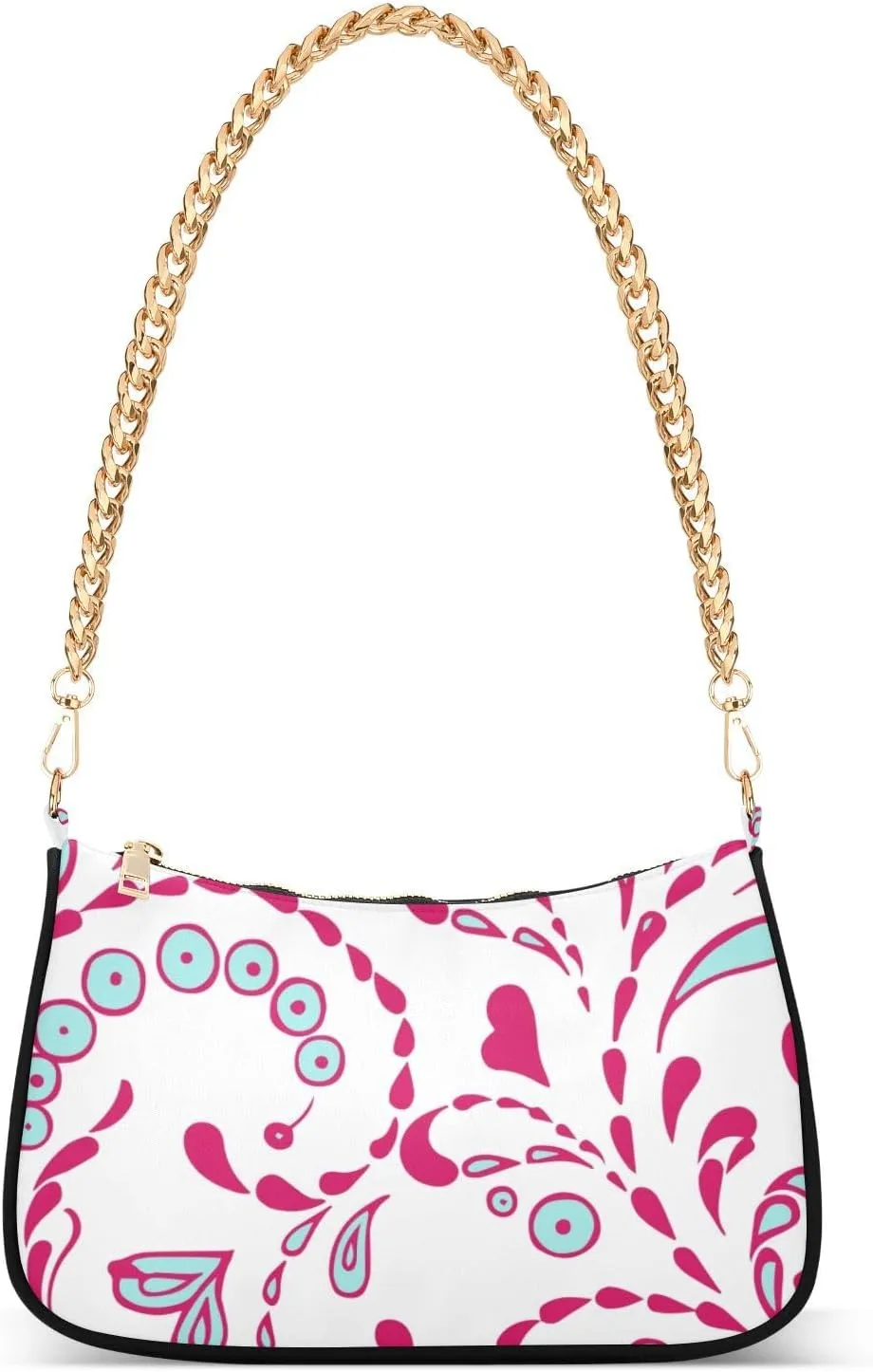 Women Chain Shoulder Purse Bag With Zipper Butterflies Hearts Embroidery Print, Boho Hobo Tote Clutch Handbags with Chain Strap