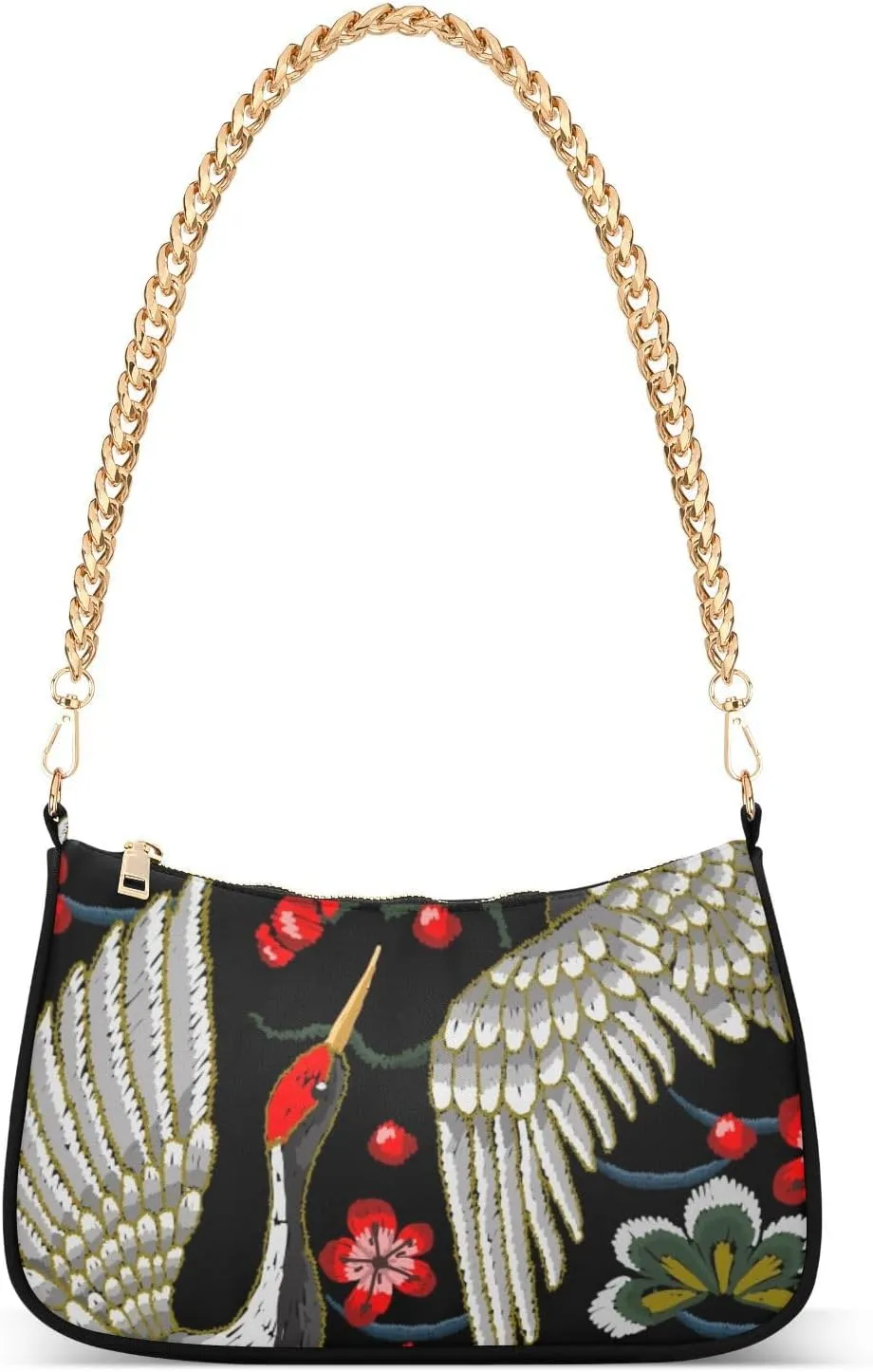 Women Chain Shoulder Purse Bag With Zipper Embroidery Japanese Cranes Print, Floral Vintage Oriental Hobo Tote Clutch Handbags with Chain Strap