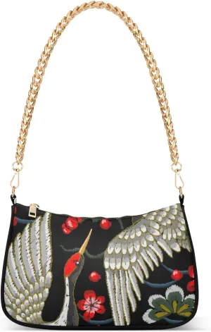 Women Chain Shoulder Purse Bag With Zipper Embroidery Japanese Cranes Print, Floral Vintage Oriental Hobo Tote Clutch Handbags with Chain Strap
