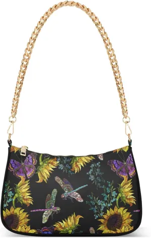Women Chain Shoulder Purse Bag With Zipper Embroidery Sunflowers Print, Butterflies and Dragonflies Hobo Tote Clutch Handbags with Chain Strap