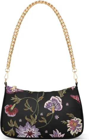 Women Chain Shoulder Purse Bag With Zipper Flowers and Butterflies Print, Embroidery Ethnic Hobo Tote Clutch Handbags with Chain Strap