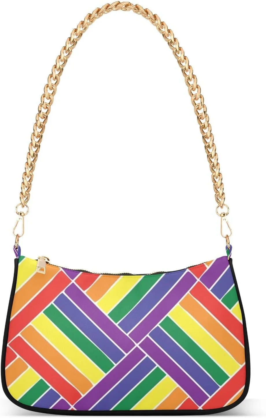 Women Chain Shoulder Purse Bag With Zipper Rainbow Embroidery Print, Colorful Hobo Tote Clutch Handbags with Chain Strap