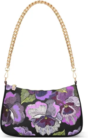 Women Chain Shoulder Purse Bag With Zipper Vintage Flowers Butterflies Print, Embroidery Style Hobo Tote Clutch Handbags with Chain Strap