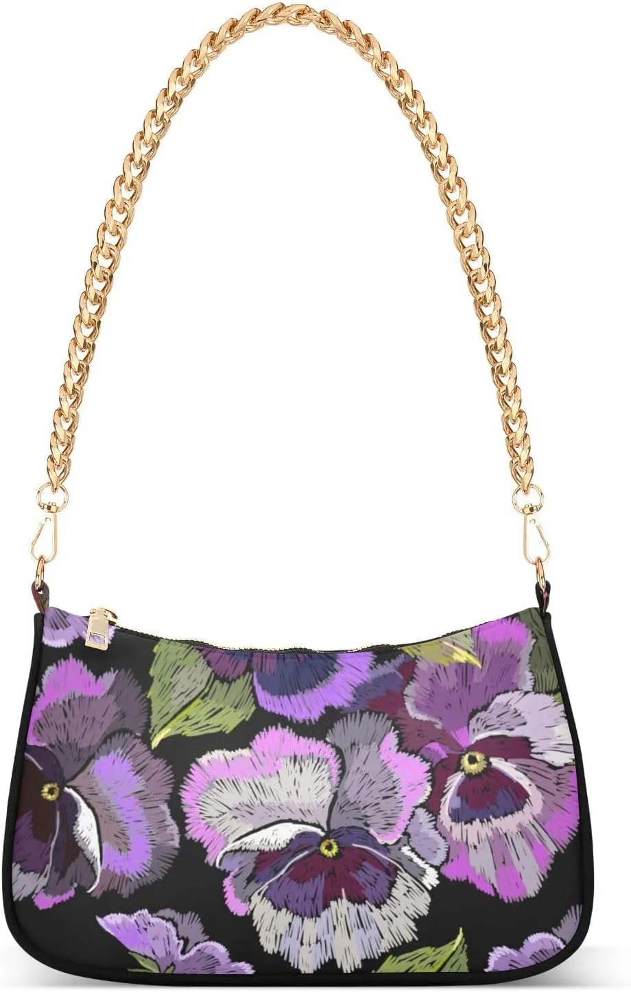 Women Chain Shoulder Purse Bag With Zipper Vintage Flowers Butterflies Print, Embroidery Style Hobo Tote Clutch Handbags with Chain Strap