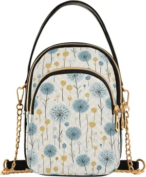 Women Crossbody Handbag Blue Dandelion Pattern Quilted Chain Bag