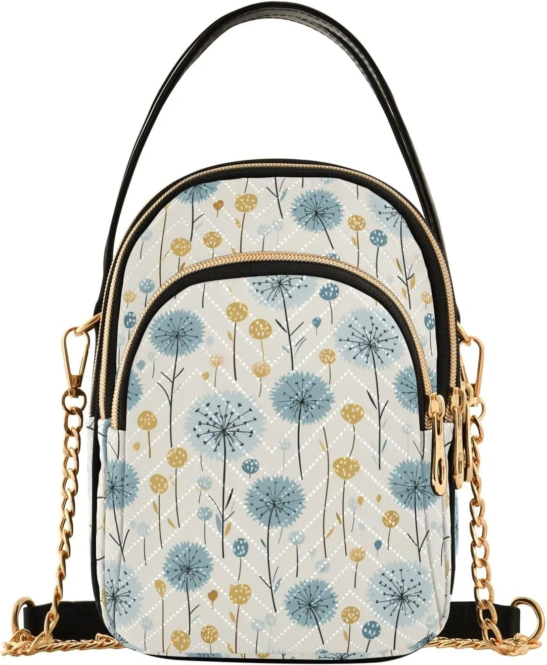 Women Crossbody Handbag Blue Dandelion Pattern Quilted Chain Bag