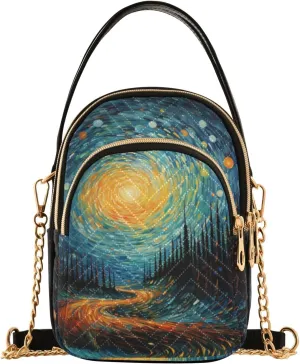 Women Crossbody Handbag Starry Sky and Forest Path Quilted Chain Bag