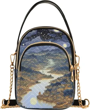 Women Crossbody Handbag Village River Starry Night Oil Painting Quilted Chain Bag