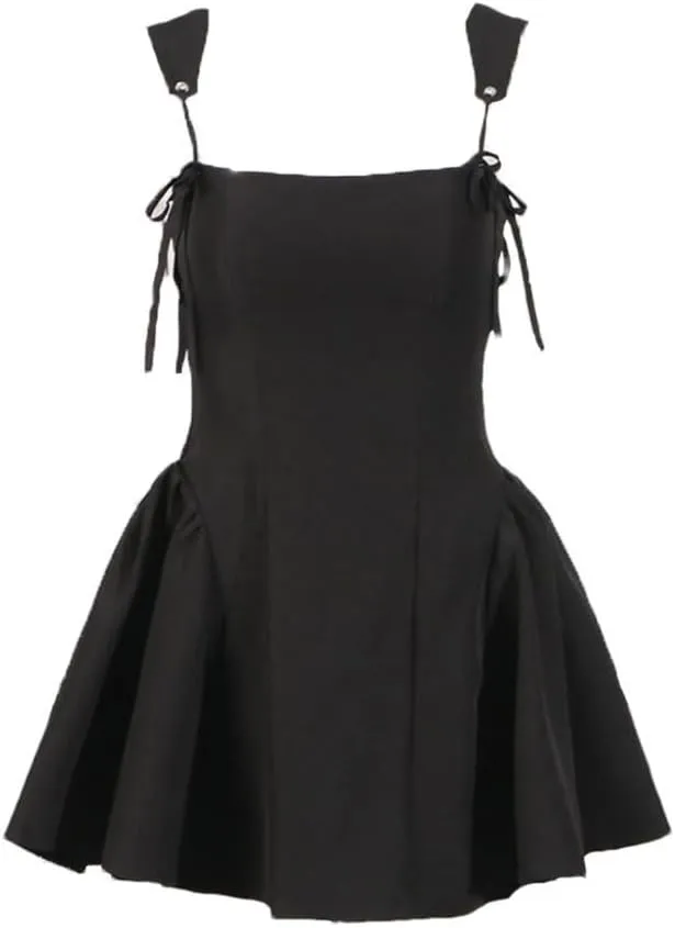 Women Elegant Black Square Neck Sleeveless Halter Dress Sexy Slimming Backless High Waisted Pleated Line Skirt Dress