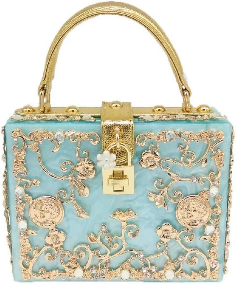 Women Evening Clutch Acrylic Square Box With Rhinestones Shoulder Crossbody Handbag