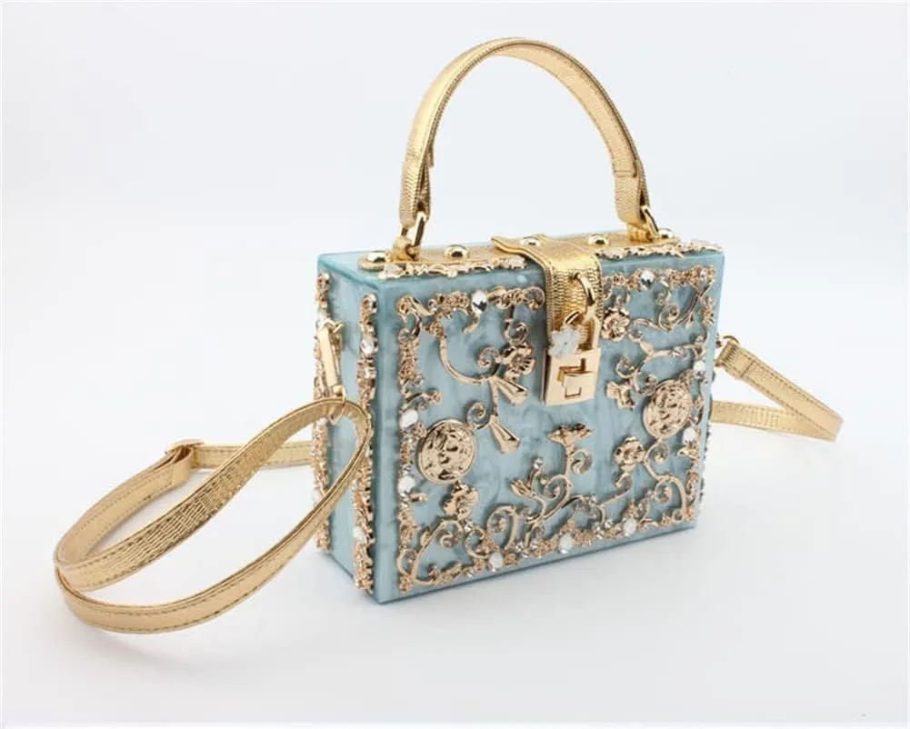 Women Evening Clutch Acrylic Square Box With Rhinestones Shoulder Crossbody Handbag