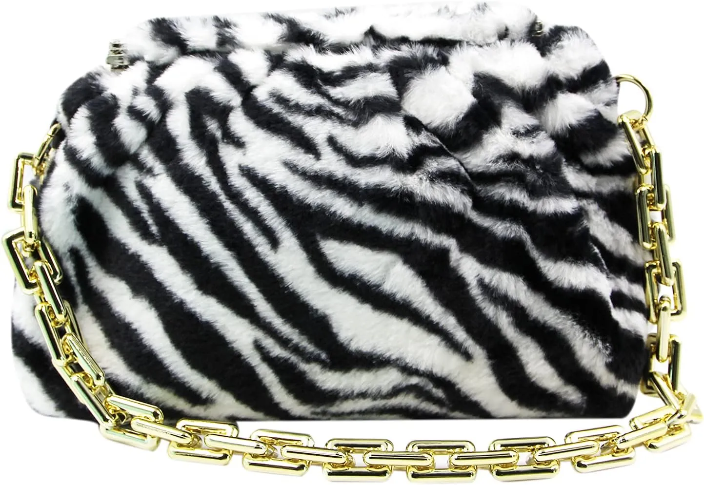 Women Fashion Dumpling Bag Faux Fur Fuzzy Purse Cloud Handbag Fluffy Shoulder Bag with Alloy Shoulder Strap Zebra Cow Print
