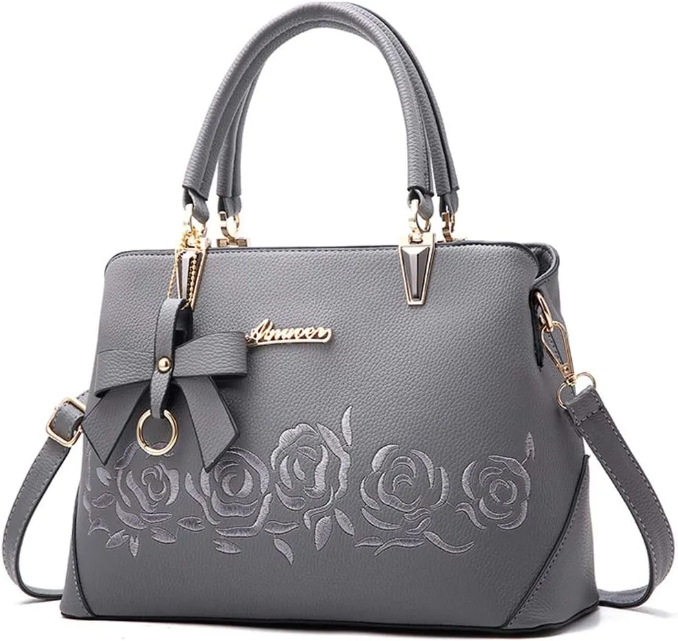 Women Handbags Purse Leather Satchel Medium Tote Bags Flower Embroidery Top Handle Bag Crossbody Shoulder Bag