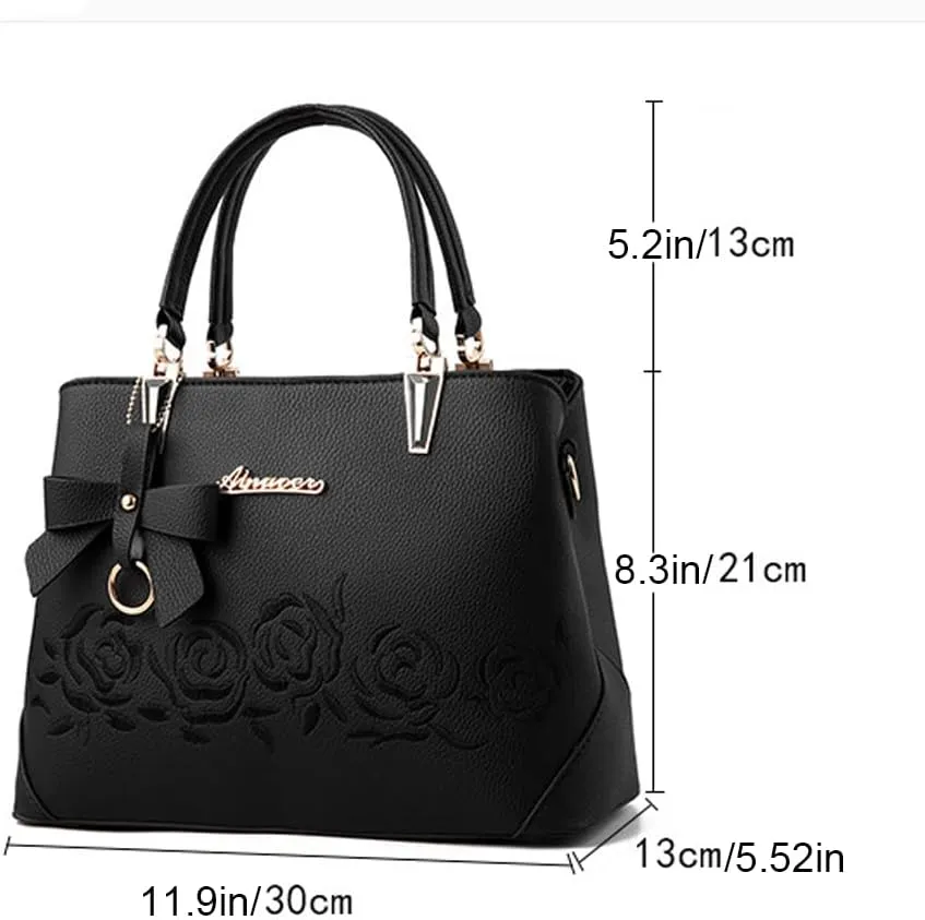 Women Handbags Purse Leather Satchel Medium Tote Bags Flower Embroidery Top Handle Bag Crossbody Shoulder Bag