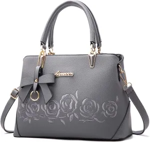 Women Handbags Purse Leather Satchel Medium Tote Bags Flower Embroidery Top Handle Bag Crossbody Shoulder Bag