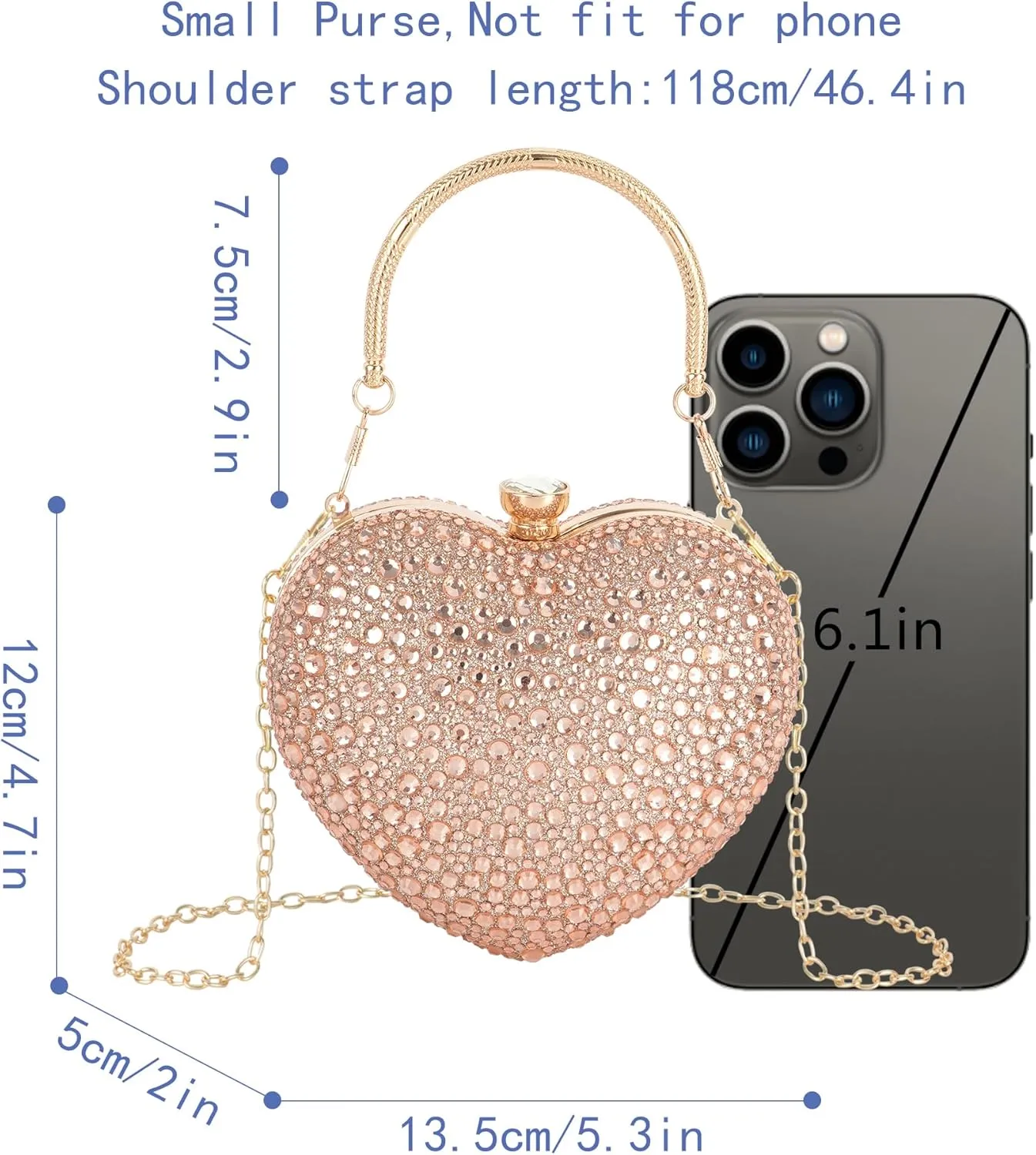 Women Heart Shape Evening Bag Bling Rhinestone Wedding Party Purse Cocktail Prom Crossbody Shoulder Handbag