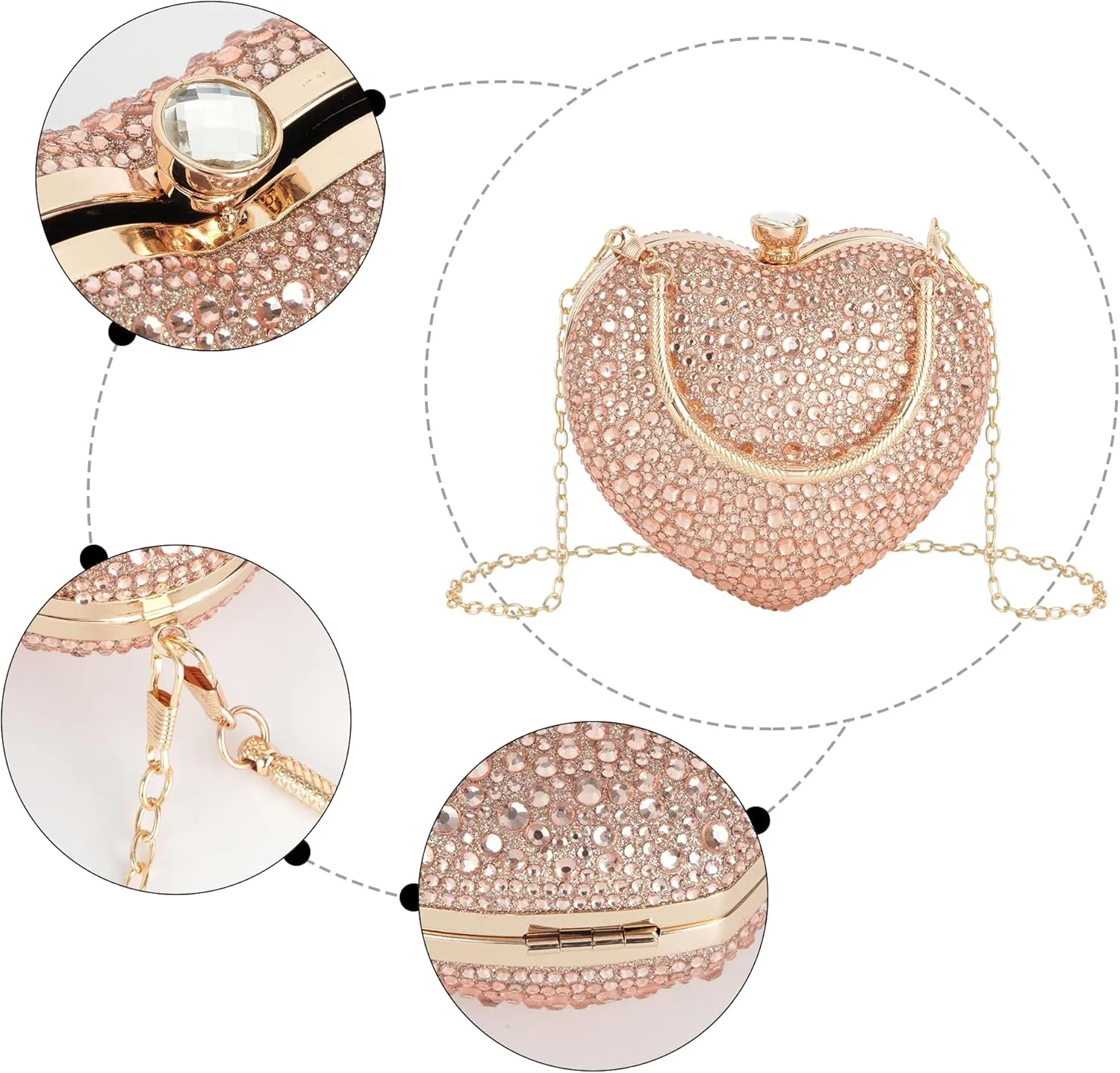 Women Heart Shape Evening Bag Bling Rhinestone Wedding Party Purse Cocktail Prom Crossbody Shoulder Handbag