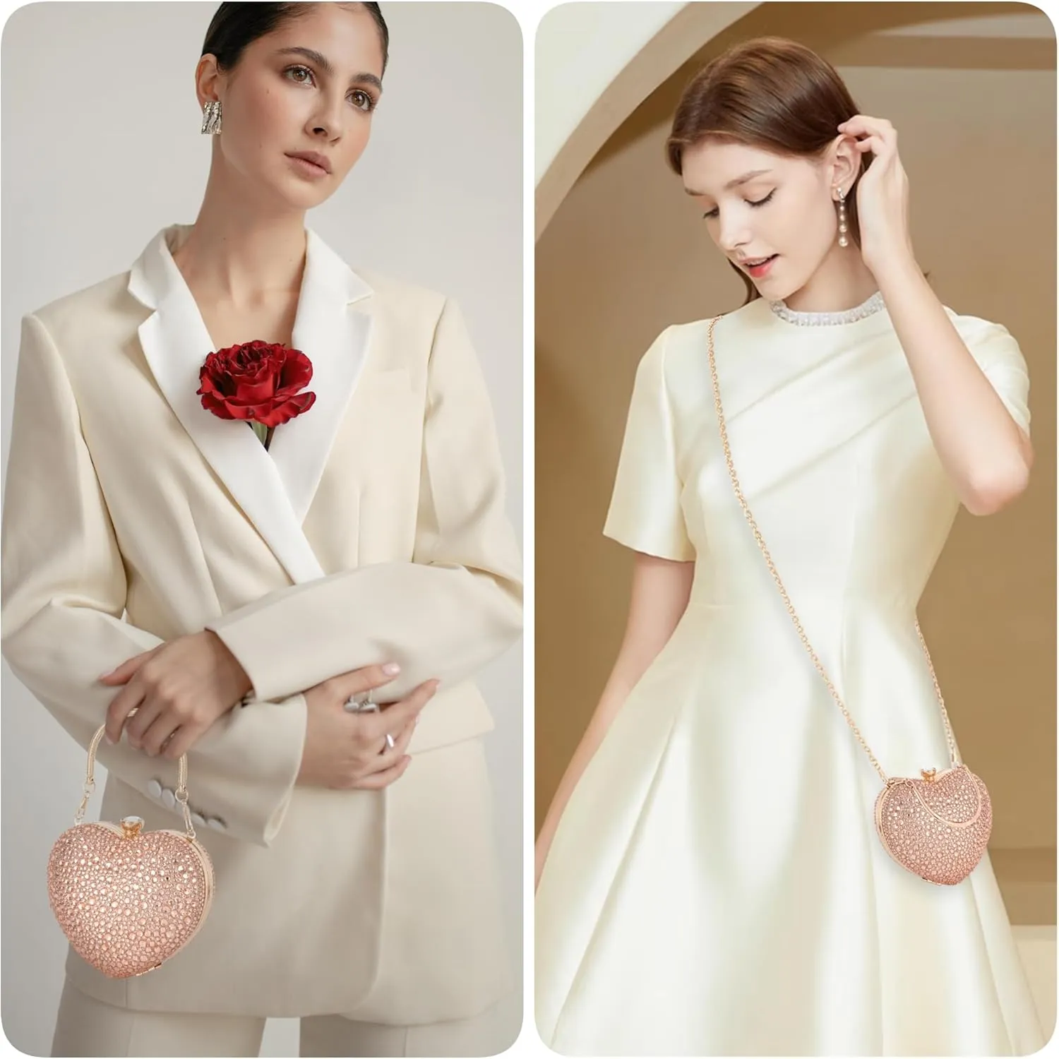 Women Heart Shape Evening Bag Bling Rhinestone Wedding Party Purse Cocktail Prom Crossbody Shoulder Handbag