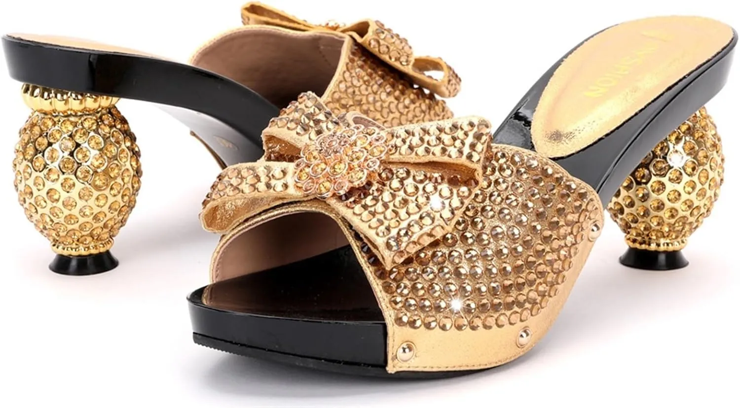 Women Italian Shoes and Bags Set Shiny Rhinestones Bow Slip On Fish Mouth High Heel Slippers Large Capacity Lightweight Clutch for Evening Party