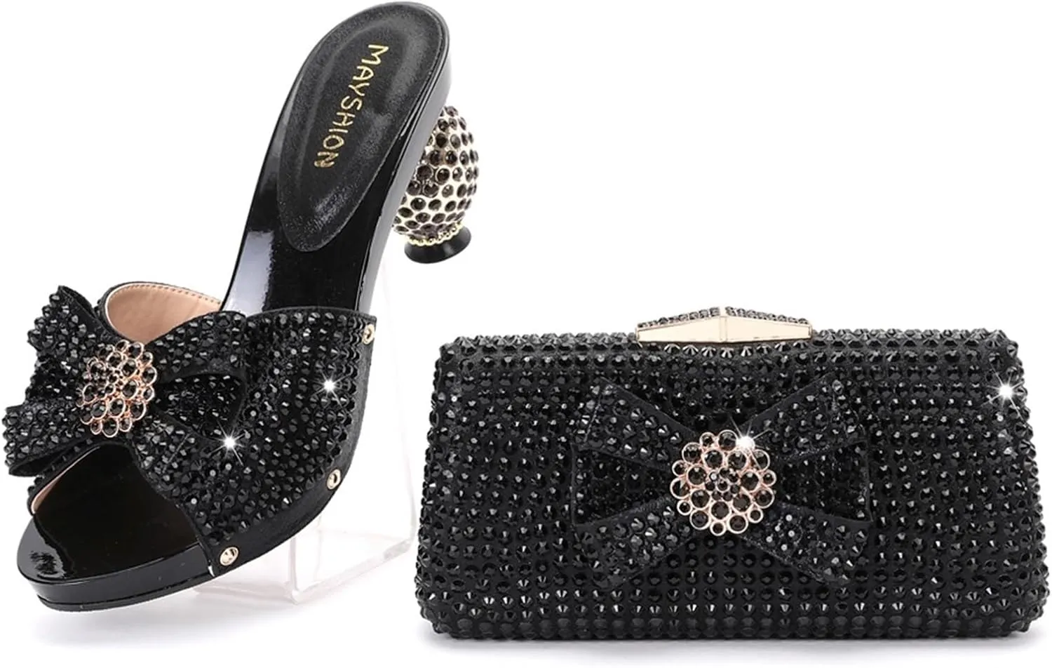 Women Italian Shoes and Bags Set Shiny Rhinestones Bow Slip On Fish Mouth High Heel Slippers Large Capacity Lightweight Clutch for Evening Party