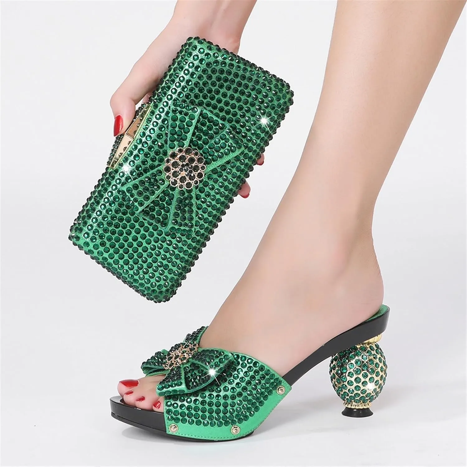 Women Italian Shoes and Bags Set Shiny Rhinestones Bow Slip On Fish Mouth High Heel Slippers Large Capacity Lightweight Clutch for Evening Party