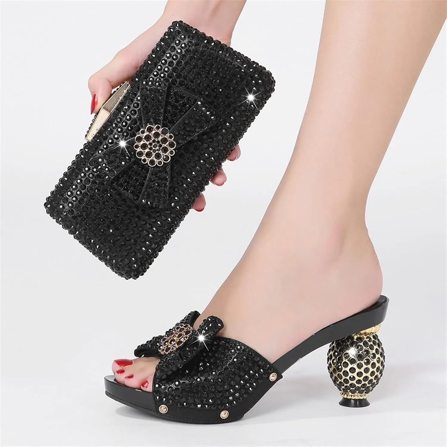 Women Italian Shoes and Bags Set Shiny Rhinestones Bow Slip On Fish Mouth High Heel Slippers Large Capacity Lightweight Clutch for Evening Party