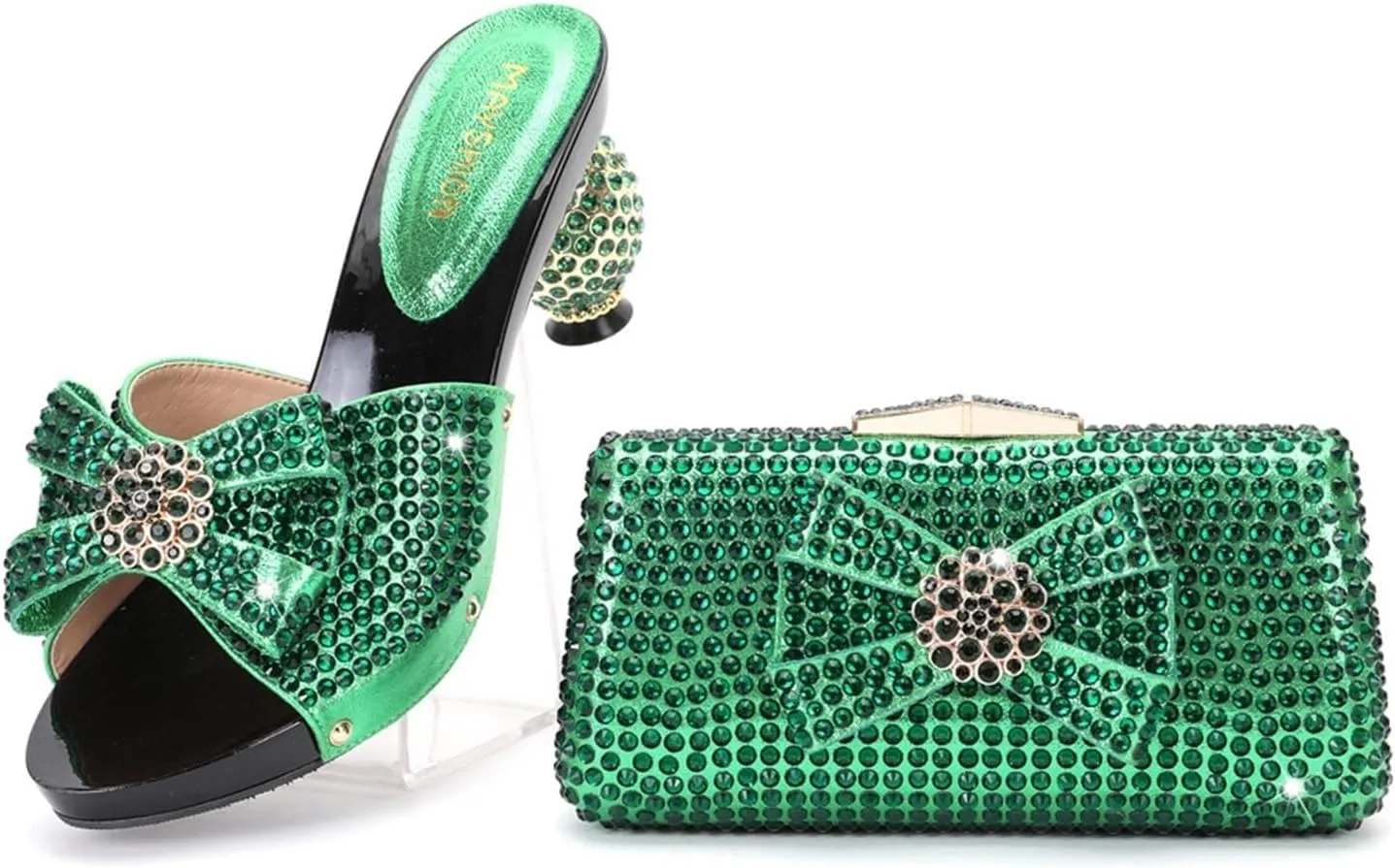 Women Italian Shoes and Bags Set Shiny Rhinestones Bow Slip On Fish Mouth High Heel Slippers Large Capacity Lightweight Clutch for Evening Party