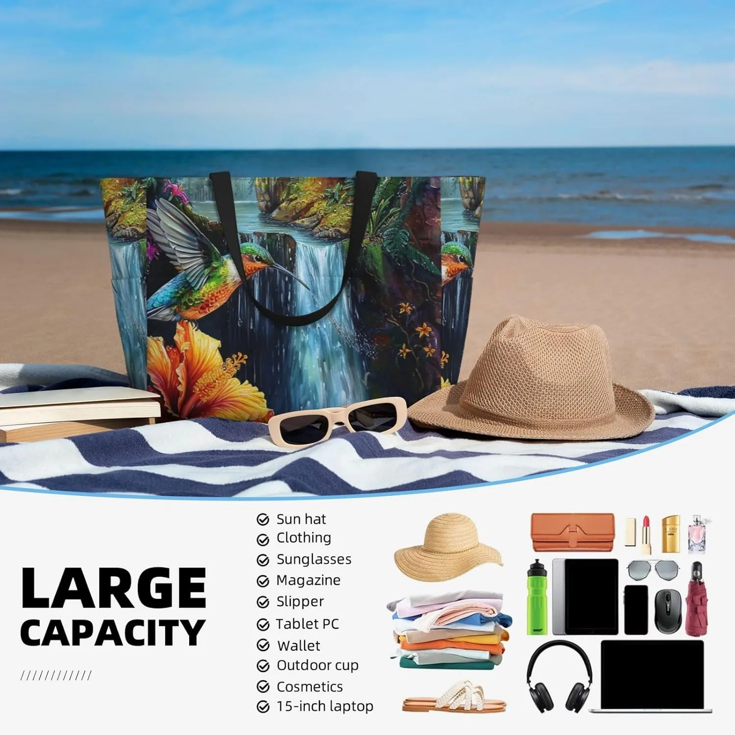 Women Large Beach Bag Travel Weekender Foldable Tote Bag for Pool Beach Vacation Gym