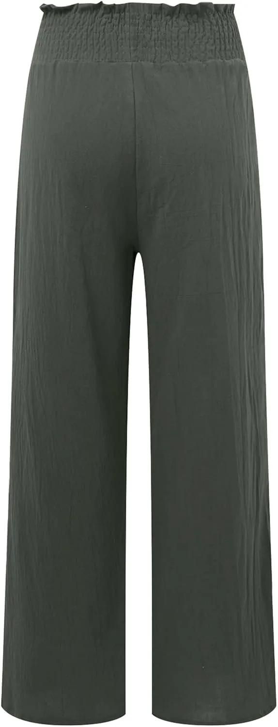 Women Linen Blend Summer Split Flowy Palazzo Lounge Pants Elastic Waist Ankle Length Slim-Fit Palazzo Lounge