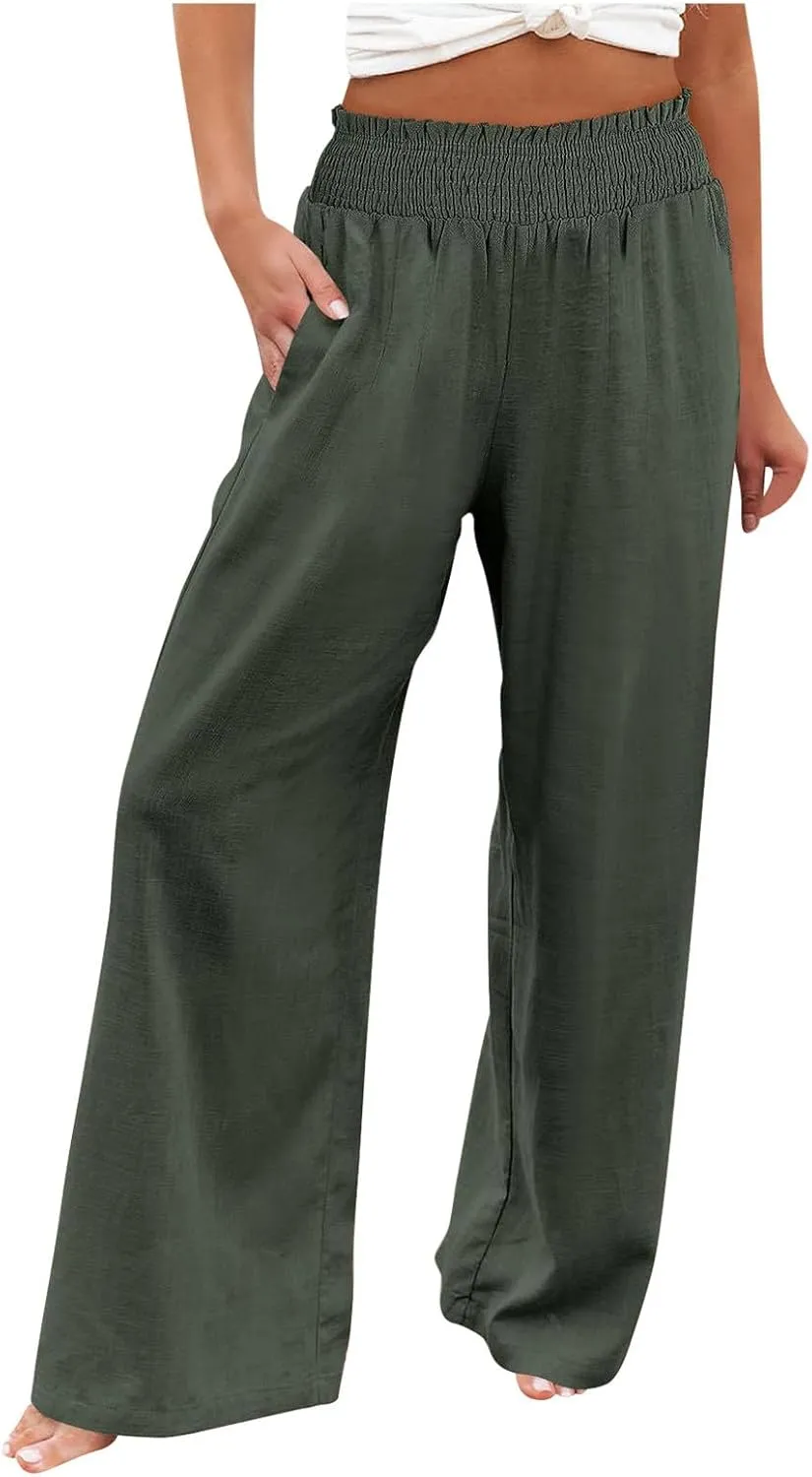Women Linen Blend Summer Split Flowy Palazzo Lounge Pants Elastic Waist Ankle Length Slim-Fit Palazzo Lounge