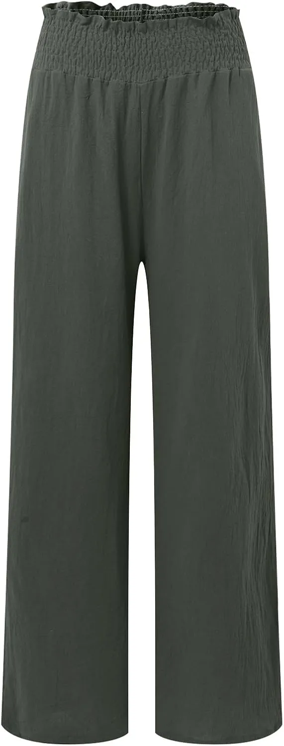 Women Linen Blend Summer Split Flowy Palazzo Lounge Pants Elastic Waist Ankle Length Slim-Fit Palazzo Lounge