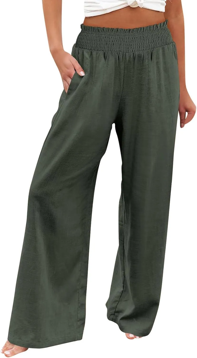 Women Linen Blend Summer Split Flowy Palazzo Lounge Pants Elastic Waist Ankle Length Slim-Fit Palazzo Lounge