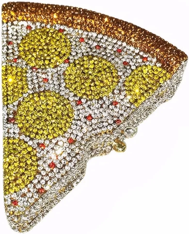 Women Luxury Pizza Evening Bag Full Rhinestones Shiny Clutch Purse Detachable Chain for Festival Halloween Christmas