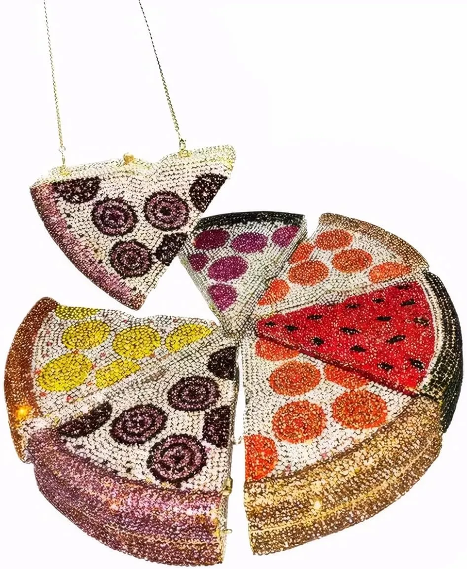 Women Luxury Pizza Evening Bag Full Rhinestones Shiny Clutch Purse Detachable Chain for Festival Halloween Christmas
