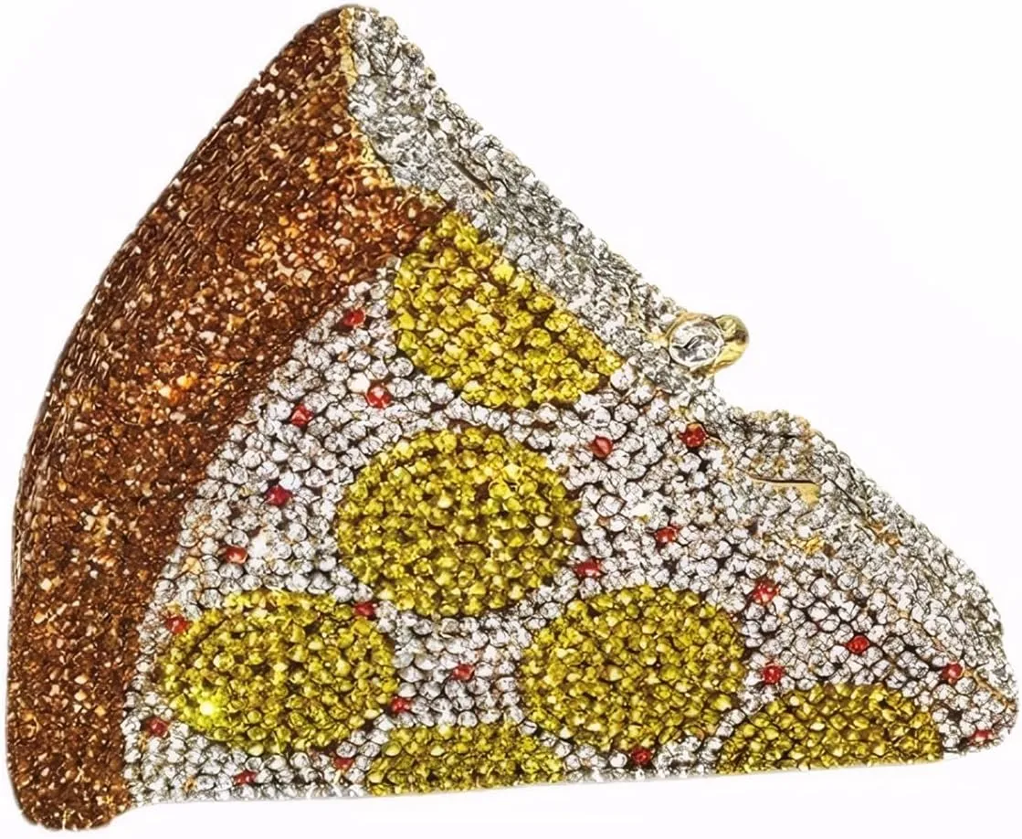 Women Luxury Pizza Evening Bag Full Rhinestones Shiny Clutch Purse Detachable Chain for Festival Halloween Christmas