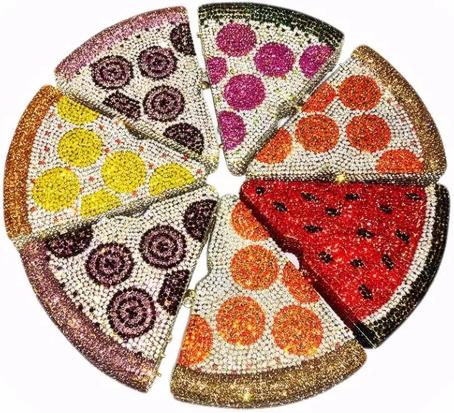 Women Luxury Pizza Evening Bag Full Rhinestones Shiny Clutch Purse Detachable Chain for Festival Halloween Christmas