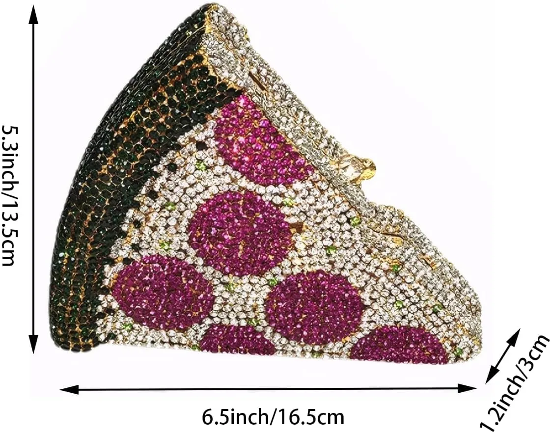 Women Luxury Pizza Evening Bag Full Rhinestones Shiny Clutch Purse Detachable Chain for Festival Halloween Christmas