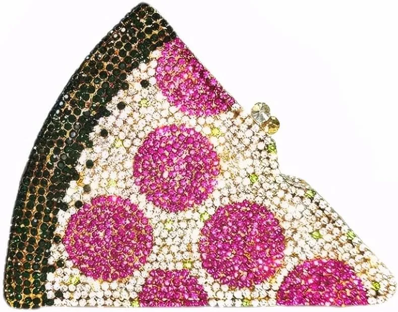 Women Luxury Pizza Evening Bag Full Rhinestones Shiny Clutch Purse Detachable Chain for Festival Halloween Christmas