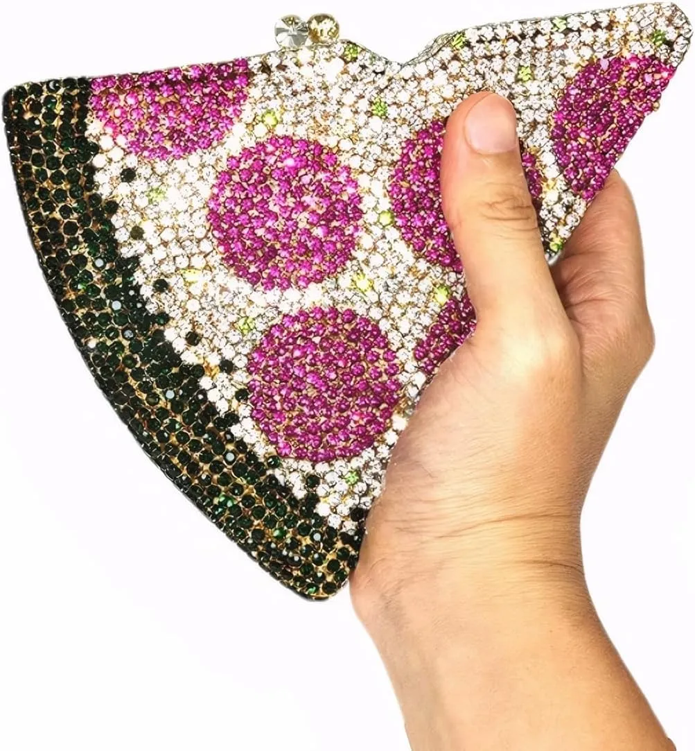 Women Luxury Pizza Evening Bag Full Rhinestones Shiny Clutch Purse Detachable Chain for Festival Halloween Christmas