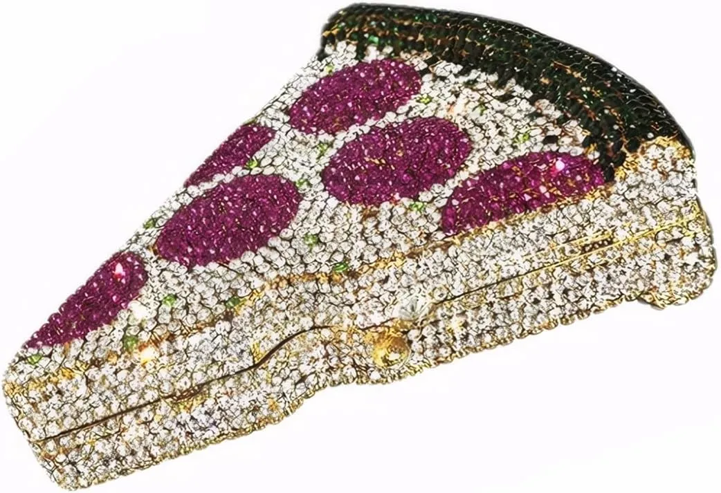 Women Luxury Pizza Evening Bag Full Rhinestones Shiny Clutch Purse Detachable Chain for Festival Halloween Christmas