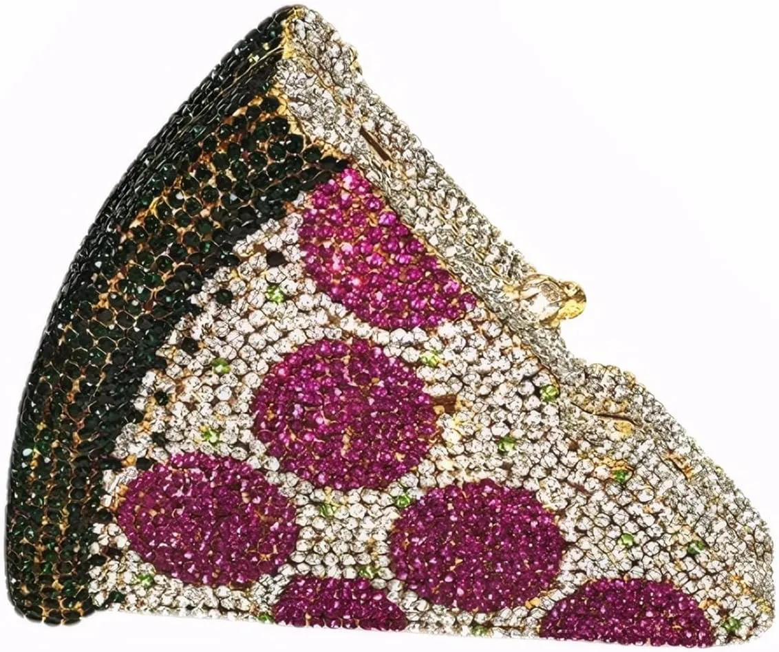 Women Luxury Pizza Evening Bag Full Rhinestones Shiny Clutch Purse Detachable Chain for Festival Halloween Christmas